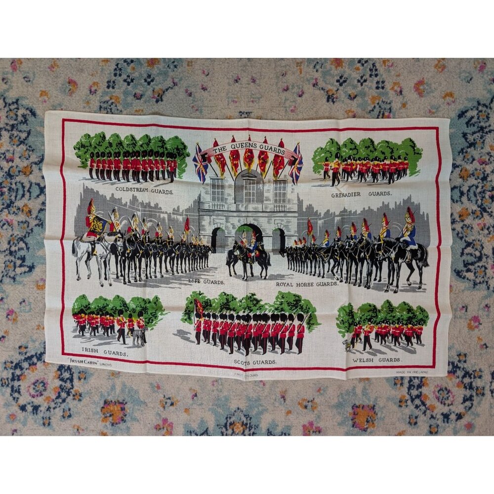 Vintage Mid‎ Century Irish Cabins Linen Souvenir Tea Towel - The Queens Guards